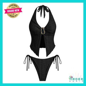 Metal Tankini Set Halter Top High Cut Swimwear Adjustable Side Tie Elegant